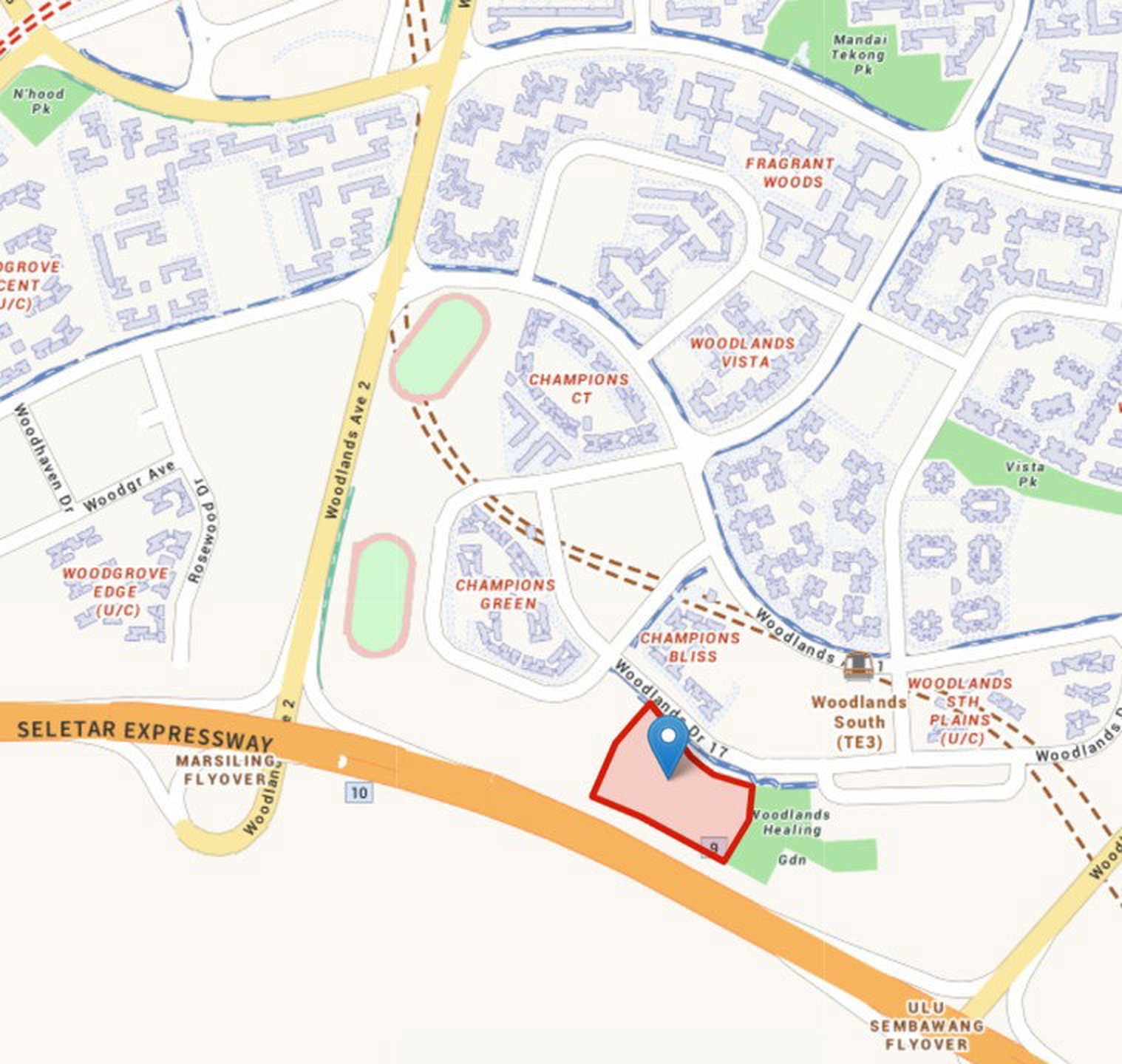 Site location map showing the Wynwood Grand site outlined on the south side of Woodlands Drive 17, near Woodlands South MRT (TE3), Woodlands Healing Garden and the Seletar Expressway